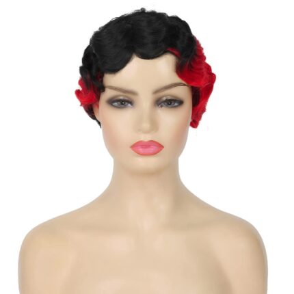 Finger Wave Wig Short Black and Red Nuna Wigs for Women Synthetic Hair Curly Wigs Cosplay Costume Fancy Halloween Dress With Wig Cap